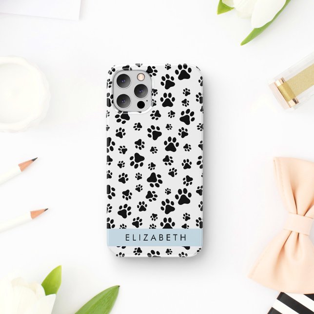 Paw Pattern, Dog Paws, Black and White, Your Name iPhone Case (Creator Uploaded)
