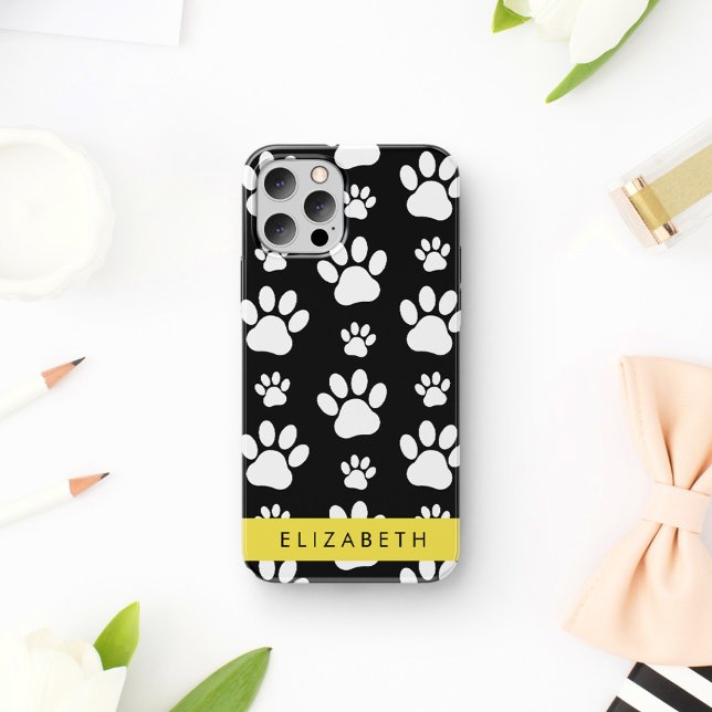 Paw Pattern, Dog Paws, Black and White, Your Name iPhone Case (Creator Uploaded)