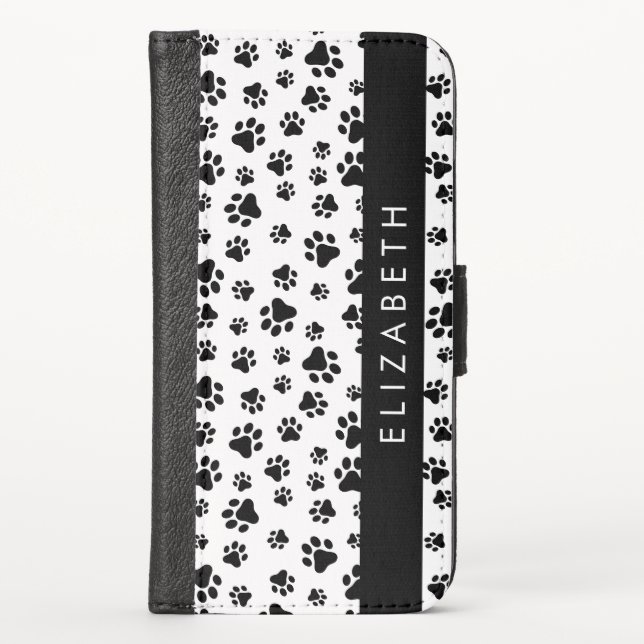 Paw Pattern, Dog Paws, Black and White, Your Name iPhone Wallet Case (Front)