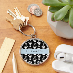 Paw Pattern, Dog Paws, Black and White, Your Name Keychain