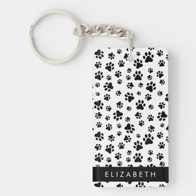 Paw Pattern, Dog Paws, Black and White, Your Name Keychain (Front)