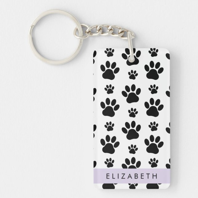 Paw Pattern, Dog Paws, Black and White, Your Name Keychain (Front)