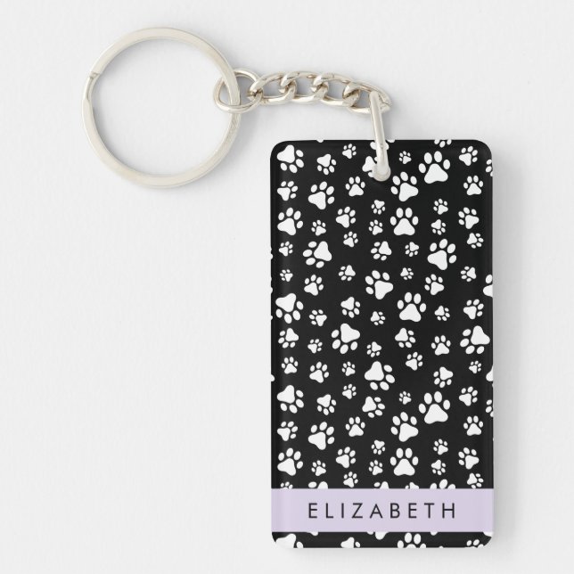 Paw Pattern, Dog Paws, Black and White, Your Name Keychain (Front)