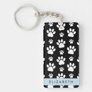 Paw Pattern, Dog Paws, Black and White, Your Name Keychain