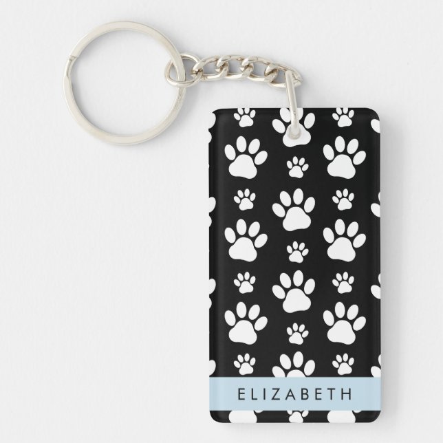 Paw Pattern, Dog Paws, Black and White, Your Name Keychain (Front)