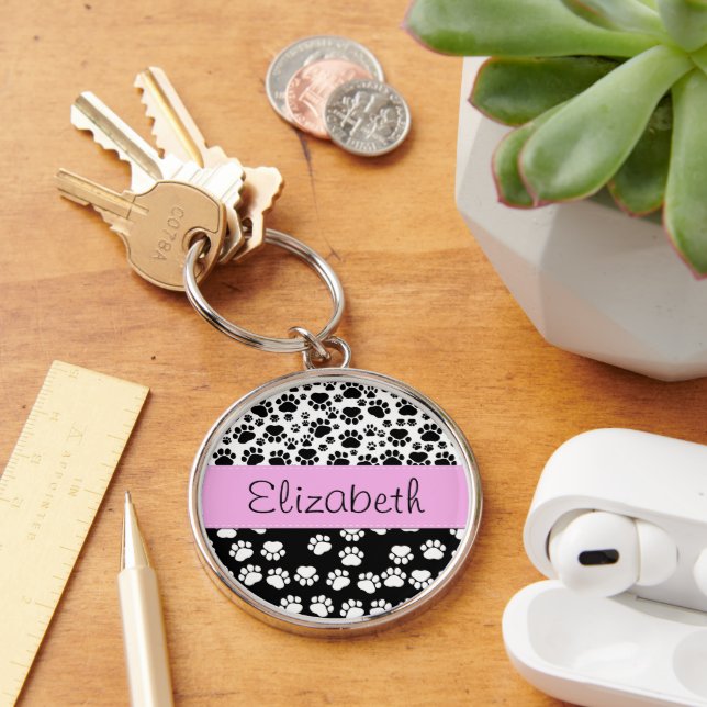 Paw Pattern, Dog Paws, Black and White, Your Name Keychain (Desk)