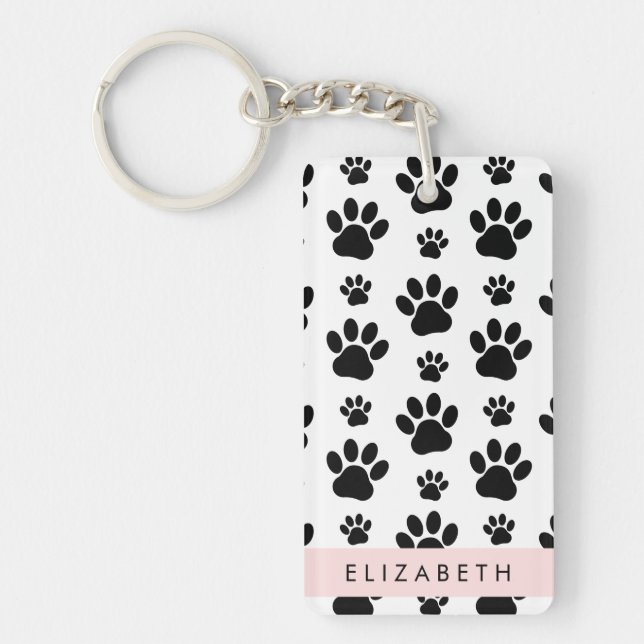 Paw Pattern, Dog Paws, Black and White, Your Name Keychain (Front)