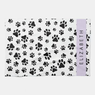 Paw Pattern, Dog Paws, Black and White, Your Name Kitchen Towel