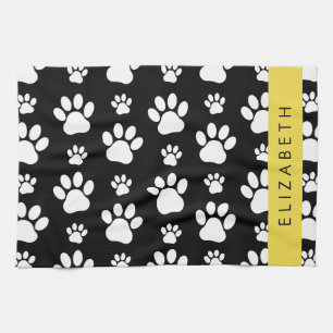 Paw Pattern, Dog Paws, Black and White, Your Name Kitchen Towel