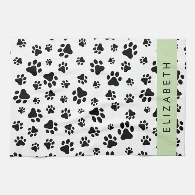 Paw Pattern, Dog Paws, Black and White, Your Name Kitchen Towel (Horizontal)
