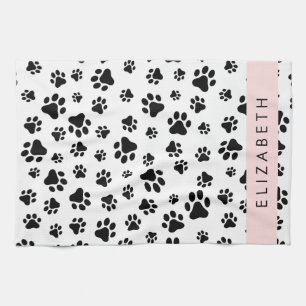 Paw Pattern, Dog Paws, Black and White, Your Name Kitchen Towel