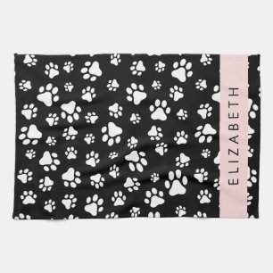 Paw Pattern, Dog Paws, Black and White, Your Name Kitchen Towel