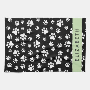 Paw Pattern, Dog Paws, Black and White, Your Name Kitchen Towel