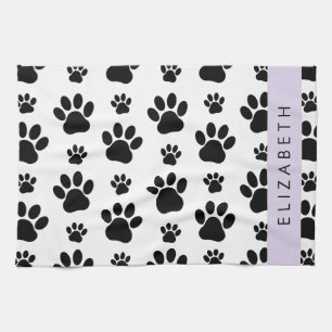 Paw Pattern, Dog Paws, Black and White, Your Name Kitchen Towel