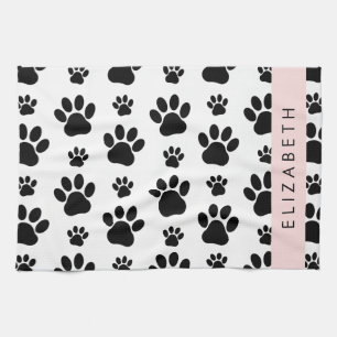 Paw Pattern, Dog Paws, Black and White, Your Name Kitchen Towel