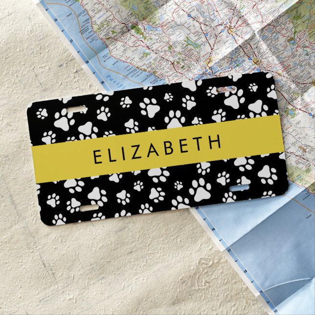 Paw Pattern, Dog Paws, Black and White, Your Name License Plate (In Situ)