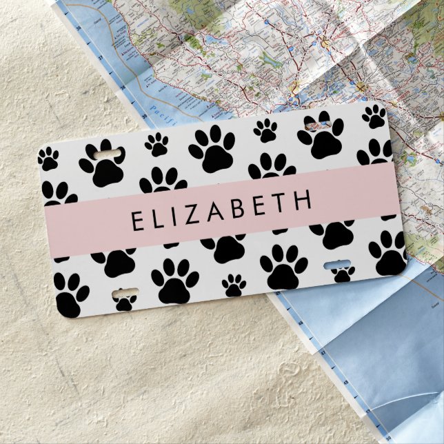 Paw Pattern, Dog Paws, Black and White, Your Name License Plate (In Situ)