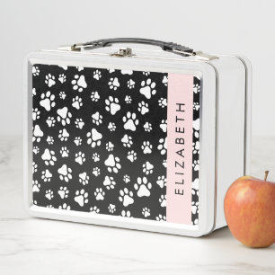 Paw Pattern, Dog Paws, Black and White, Your Name Metal Lunch Box