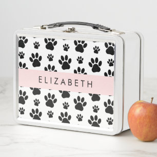 Paw Pattern, Dog Paws, Black and White, Your Name Metal Lunch Box