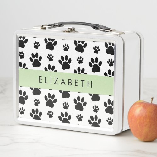 Paw Pattern Dog Paws Black and White Your Name Metal Lunch Box