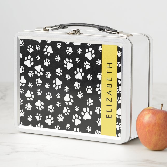 Paw Pattern, Dog Paws, Black and White, Your Name Metal Lunch Box (In Situ)