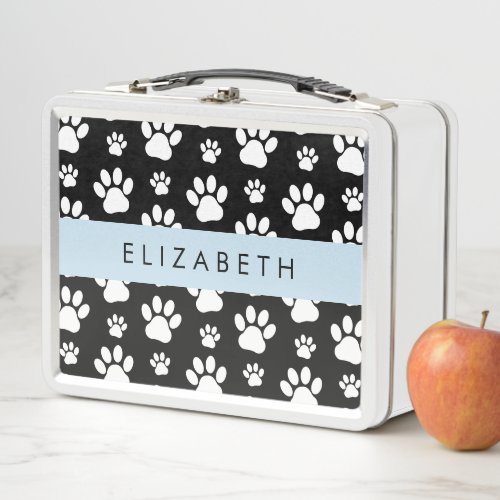 Paw Pattern Dog Paws Black and White Your Name Metal Lunch Box
