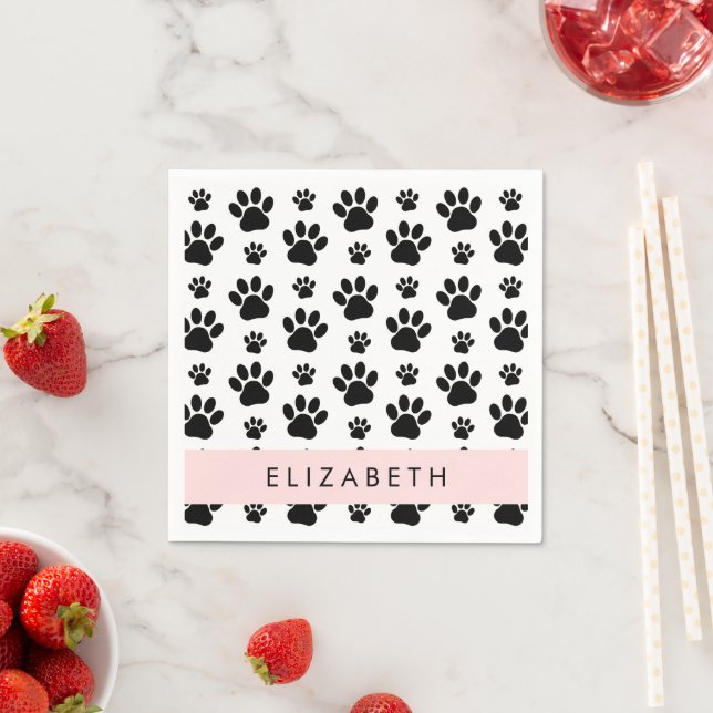 Paw Pattern, Dog Paws, Black and White, Your Name Napkins (Insitu)