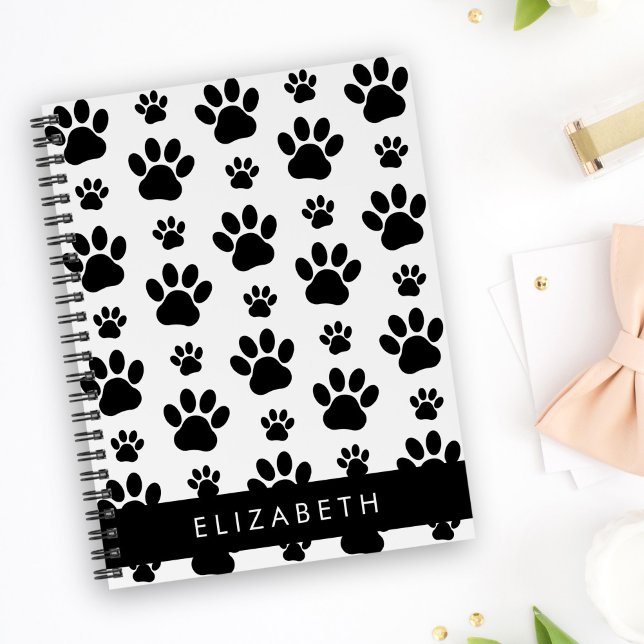 Paw Pattern, Dog Paws, Black and White, Your Name Notebook (Creator Uploaded)