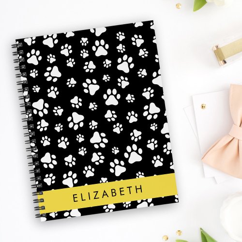 Paw Pattern Dog Paws Black and White Your Name Notebook