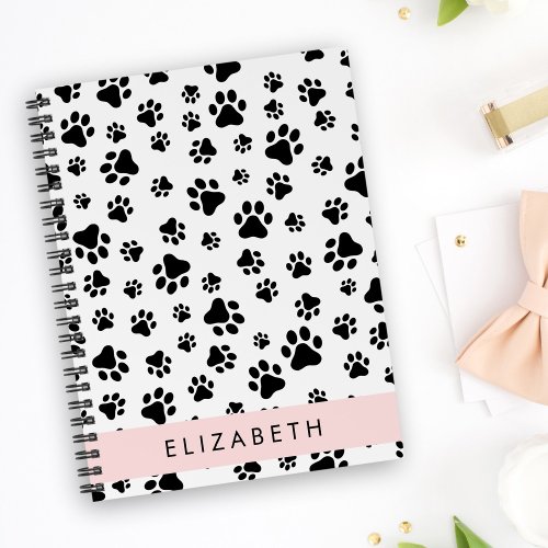 Paw Pattern Dog Paws Black and White Your Name Notebook