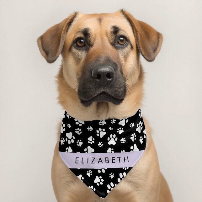 Paw Pattern, Dog Paws, Black and White, Your Name Pet Bandana Collar (Dog 2)