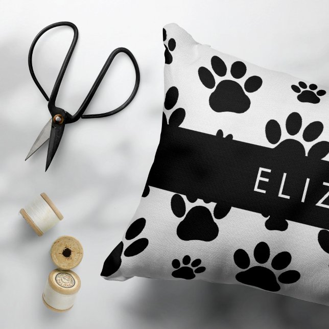Paw Pattern, Dog Paws, Black and White, Your Name Pillow Case (Creator Uploaded)