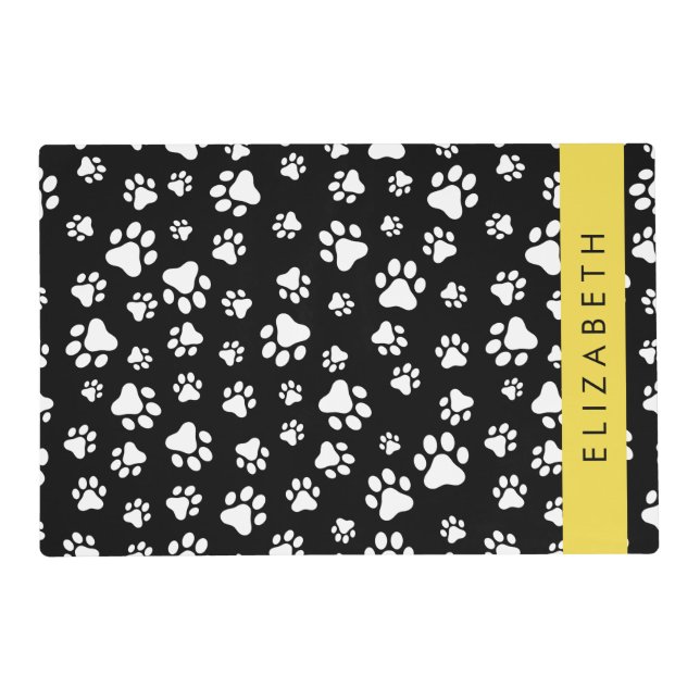 Paw Pattern, Dog Paws, Black and White, Your Name Placemat (Front)