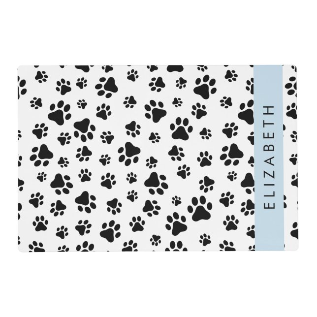 Paw Pattern, Dog Paws, Black and White, Your Name Placemat (Front)