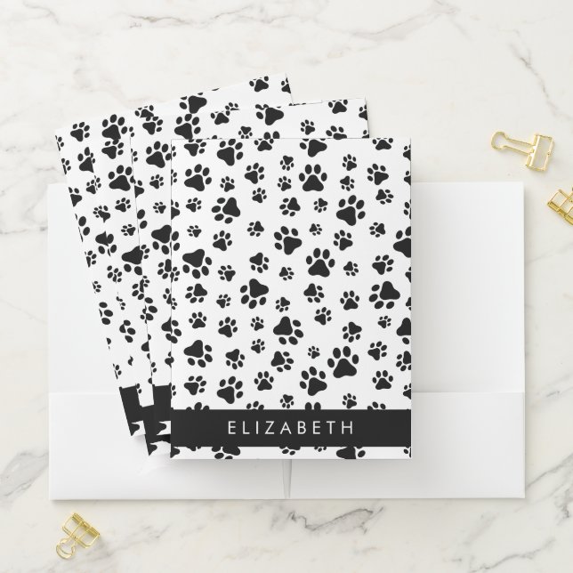 Paw Pattern, Dog Paws, Black and White, Your Name Pocket Folder (In Situ)