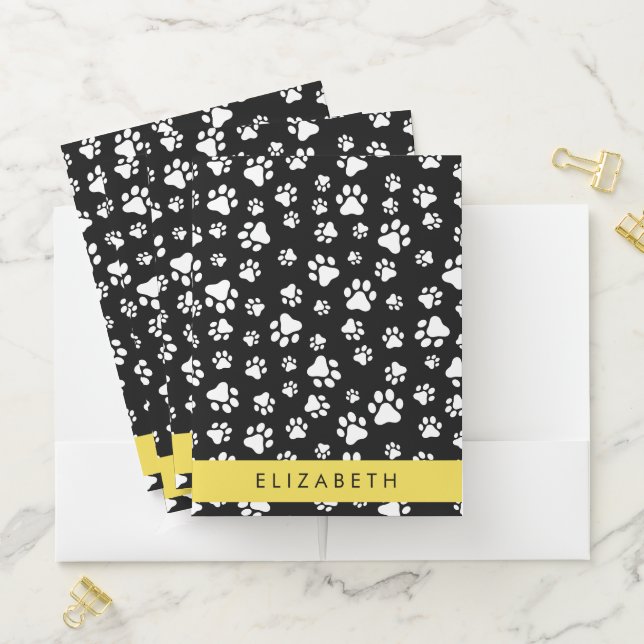 Paw Pattern, Dog Paws, Black and White, Your Name Pocket Folder (In Situ)