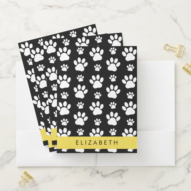 Paw Pattern, Dog Paws, Black and White, Your Name Pocket Folder (In Situ)