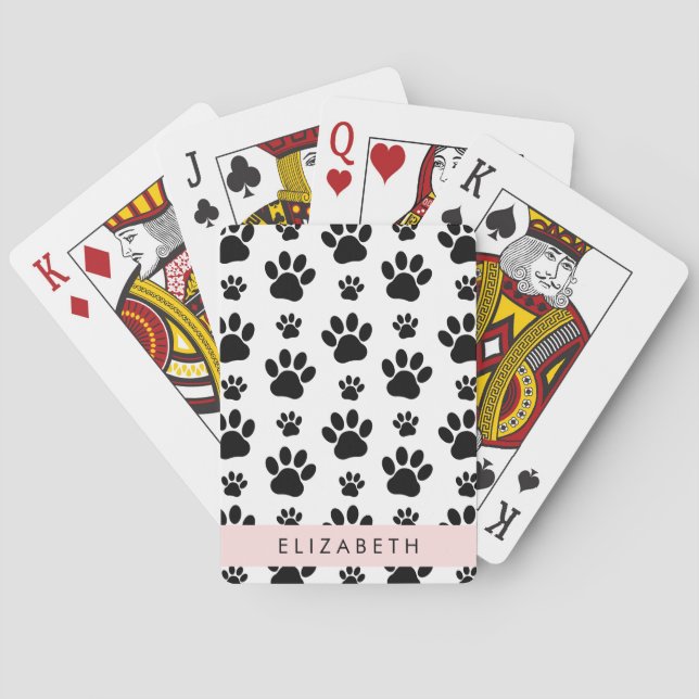 Paw Pattern, Dog Paws, Black and White, Your Name Poker Cards (Back)
