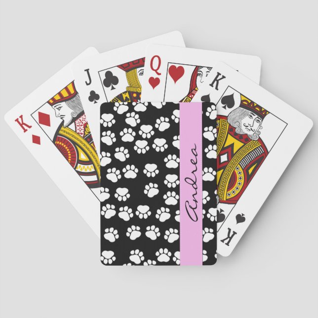 Paw Pattern, Dog Paws, Black and White, Your Name Poker Cards (Back)