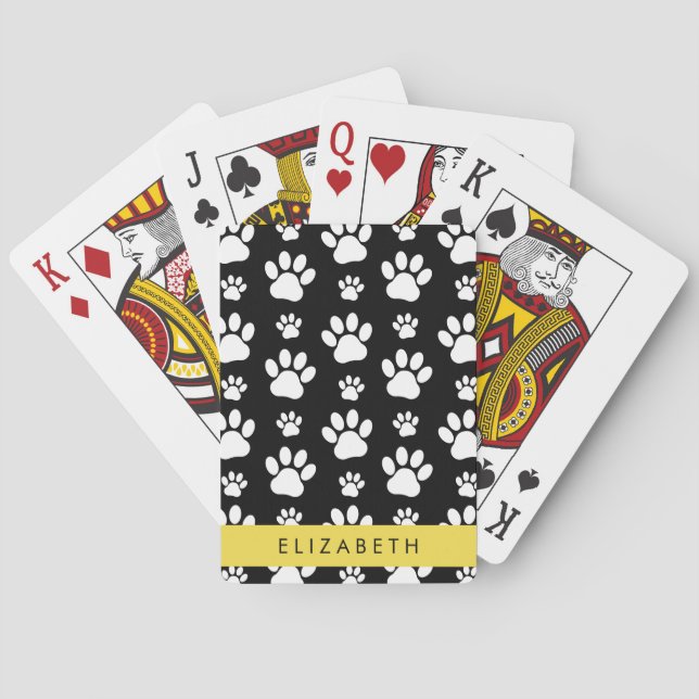 Paw Pattern, Dog Paws, Black and White, Your Name Poker Cards (Back)