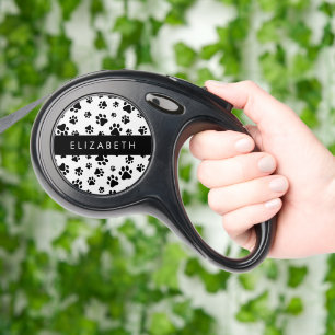 Paw Pattern, Dog Paws, Black and White, Your Name Retractable Pet Leash