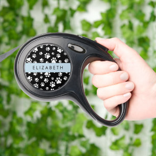 Paw Pattern, Dog Paws, Black and White, Your Name Retractable Pet Leash