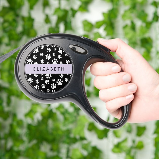 Paw Pattern, Dog Paws, Black and White, Your Name Retractable Pet Leash (Hand)