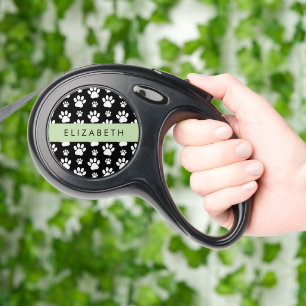 Paw Pattern, Dog Paws, Black and White, Your Name Retractable Pet Leash