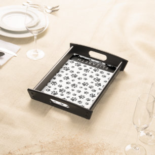 Paw Pattern, Dog Paws, Black and White, Your Name Serving Tray