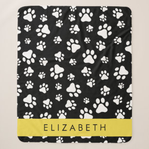 Paw Pattern, Dog Paws, Black and White, Your Name Sherpa Blanket