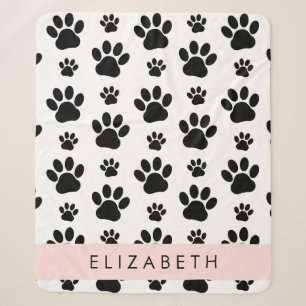 Paw Pattern, Dog Paws, Black and White, Your Name Sherpa Blanket