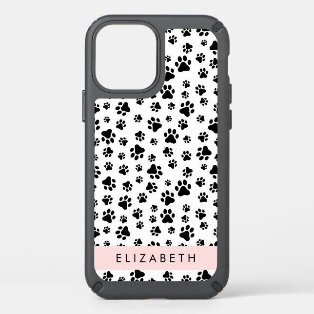 Paw Pattern, Dog Paws, Black and White, Your Name Speck iPhone 12 Case (Front)