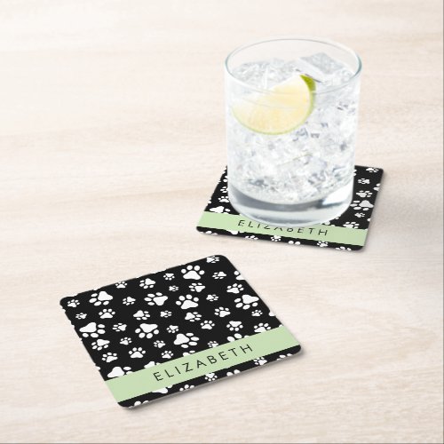 Paw Pattern Dog Paws Black and White Your Name Square Paper Coaster