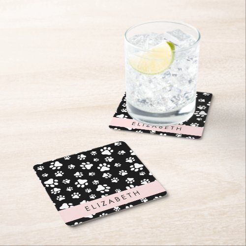 Paw Pattern Dog Paws Black and White Your Name Square Paper Coaster